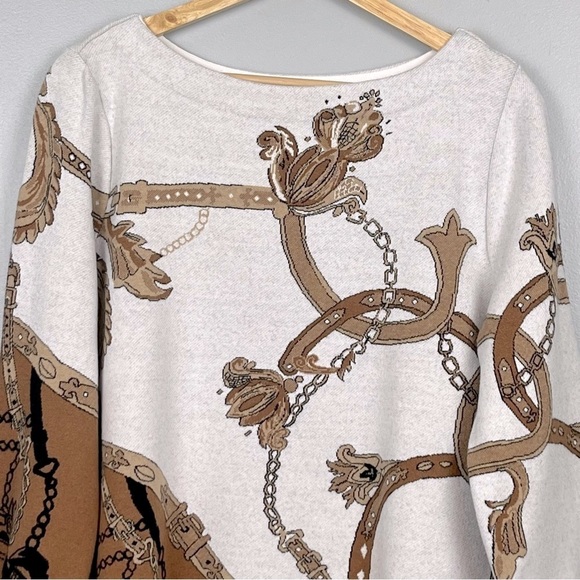 Chico’s Jacquard Bateau Neck equestrian chain belt cotton blend sweater, LP. - Picture 4 of 8